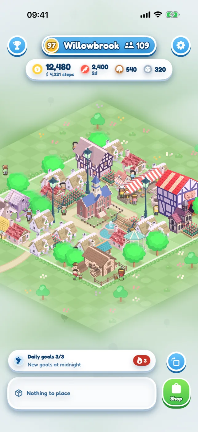 The WalkVille app: the village of Willowbrook with 109 villagers and 12,480 coins